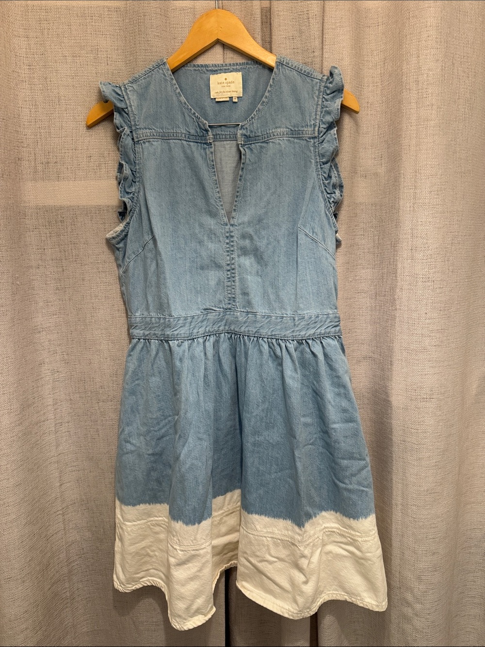 Kate Spade New York Dip Dyed Denim Ruffle Dress S M Split Neck Chambray